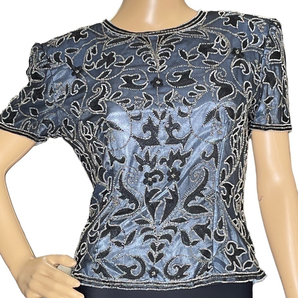 Adrianna Papell Evening silk blue beaded vintage top small
